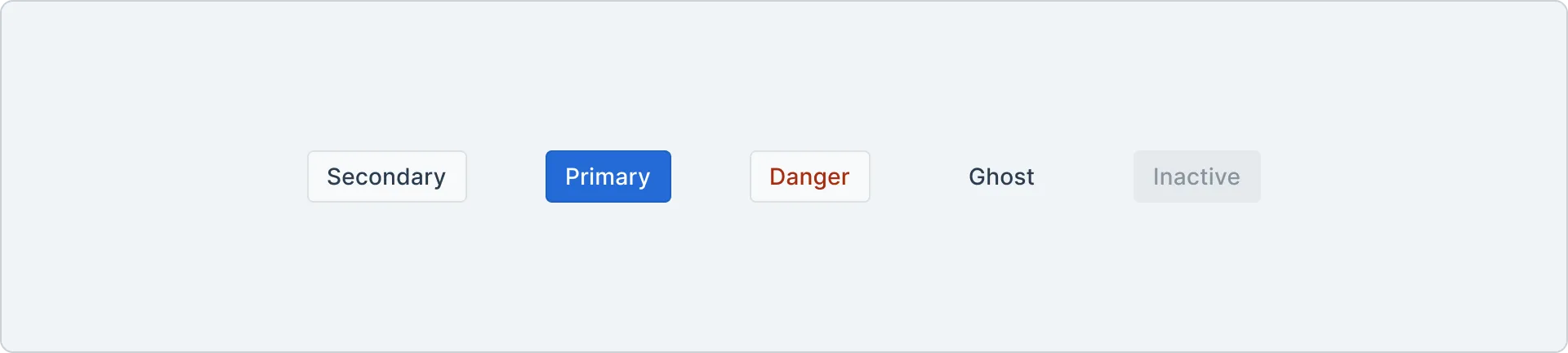An image showing button variants secondary, primary, danger ghost and inactive.