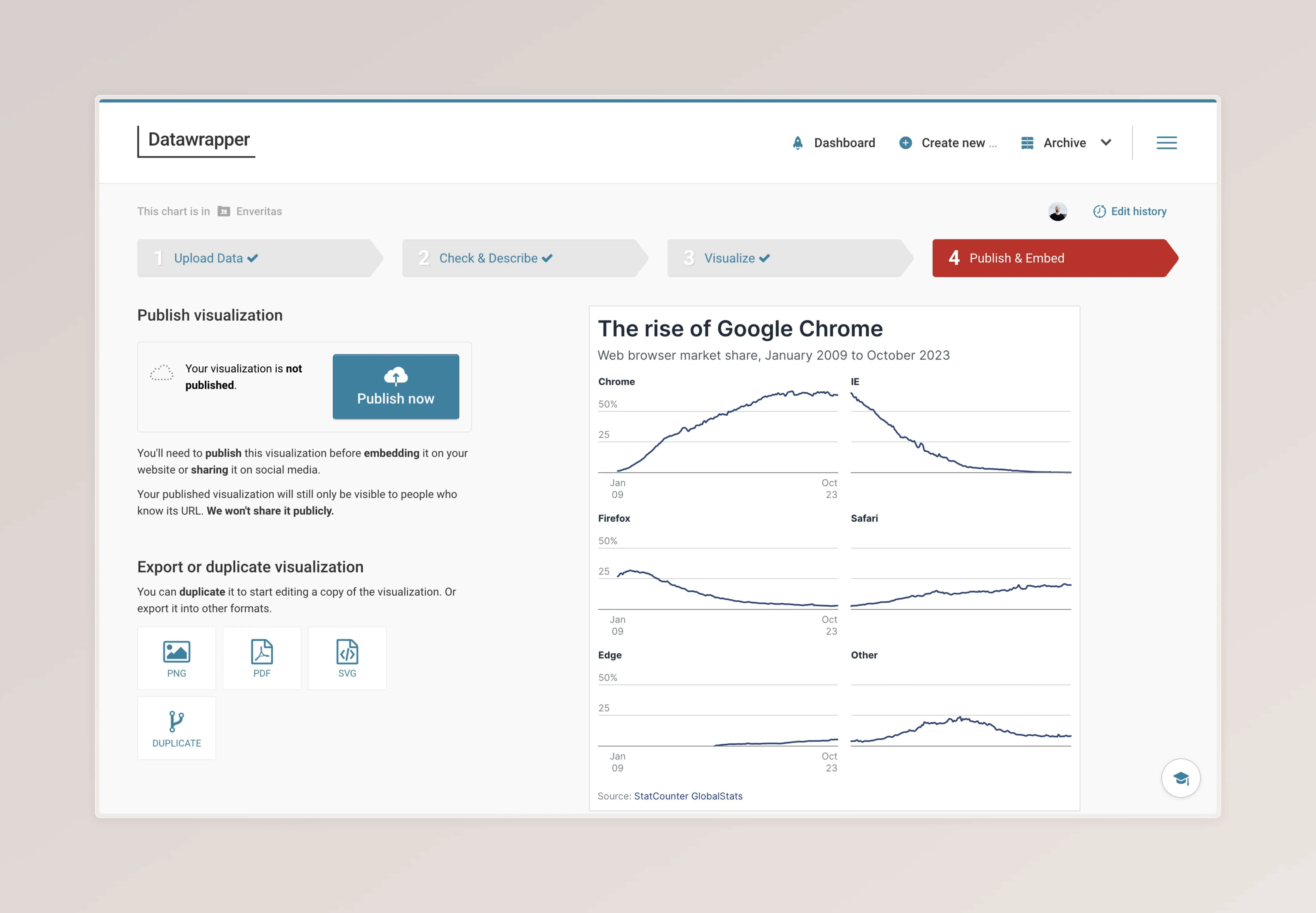 Screenshot that shows the publish and embed process step and the layout tab active.