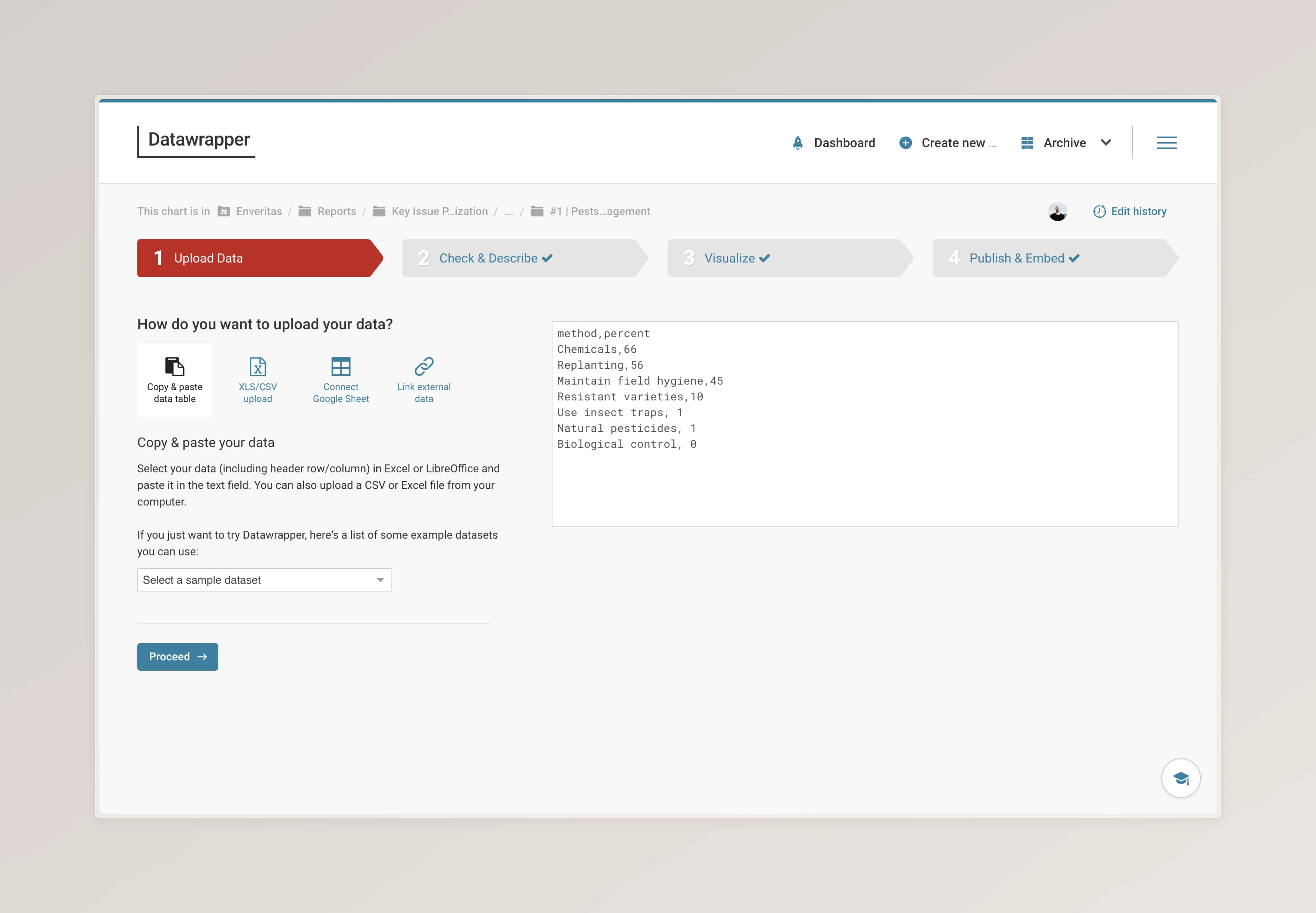 Screenshot that shows the upload data process step