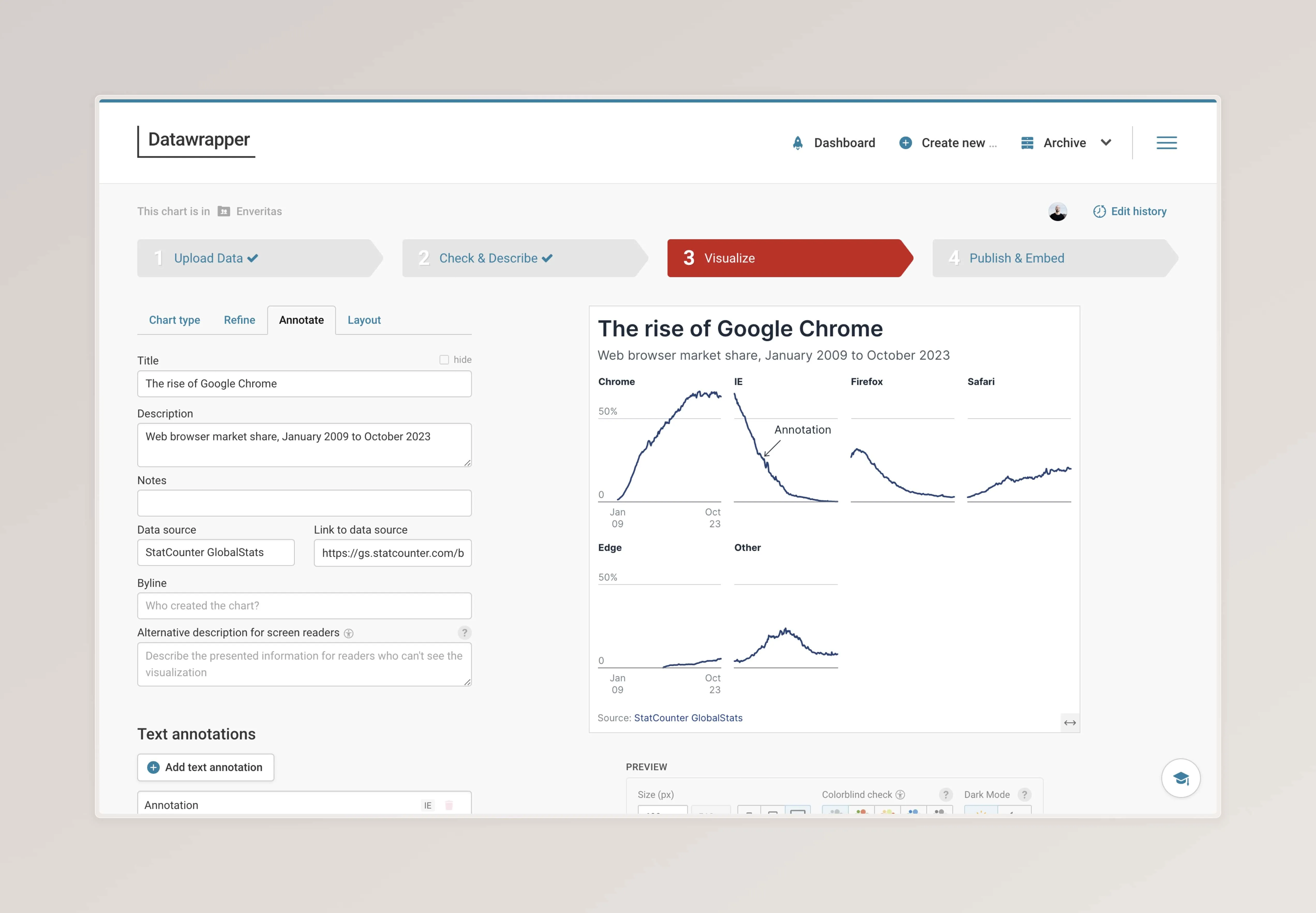 Screenshot that shows the visualize process step and the annotate tab active.