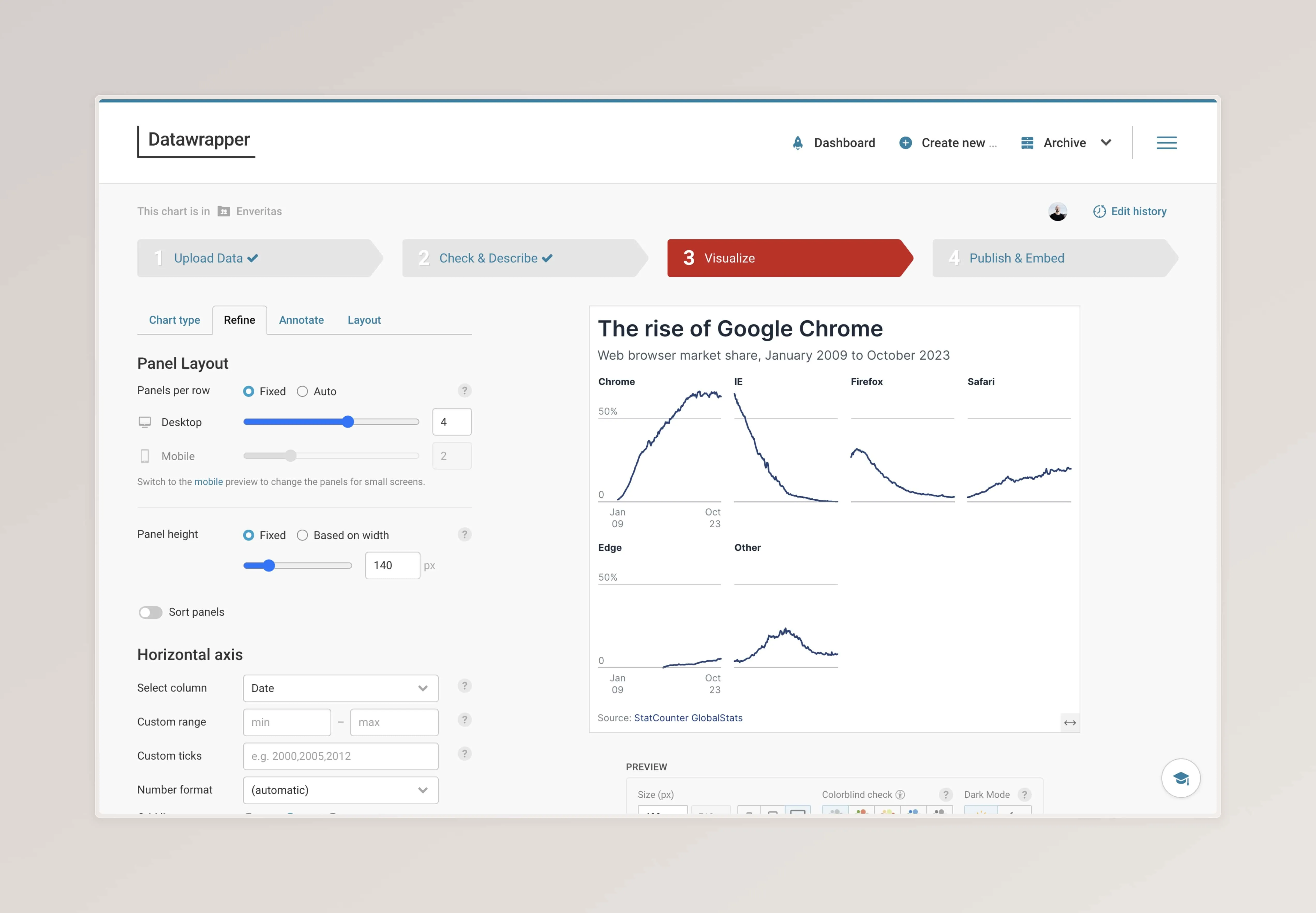 Screenshot that shows the visualize process step and the refine tab active.